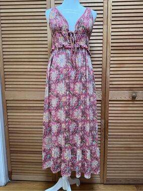 En Crème Floral Metallic Tiered Maxi Dress - Pink Gold Boho - Size M Fairycore